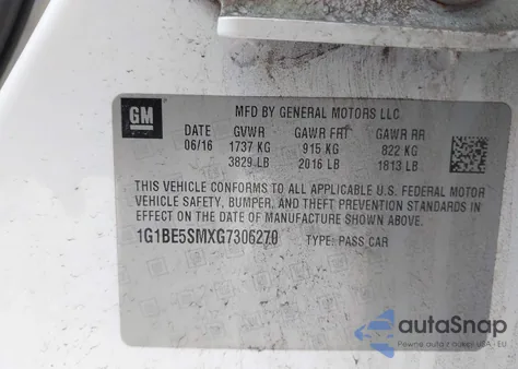 2016 Chevrolet Cruze Lt Auto from USA, damaged, VIN 1G1BE5SMXG7306270